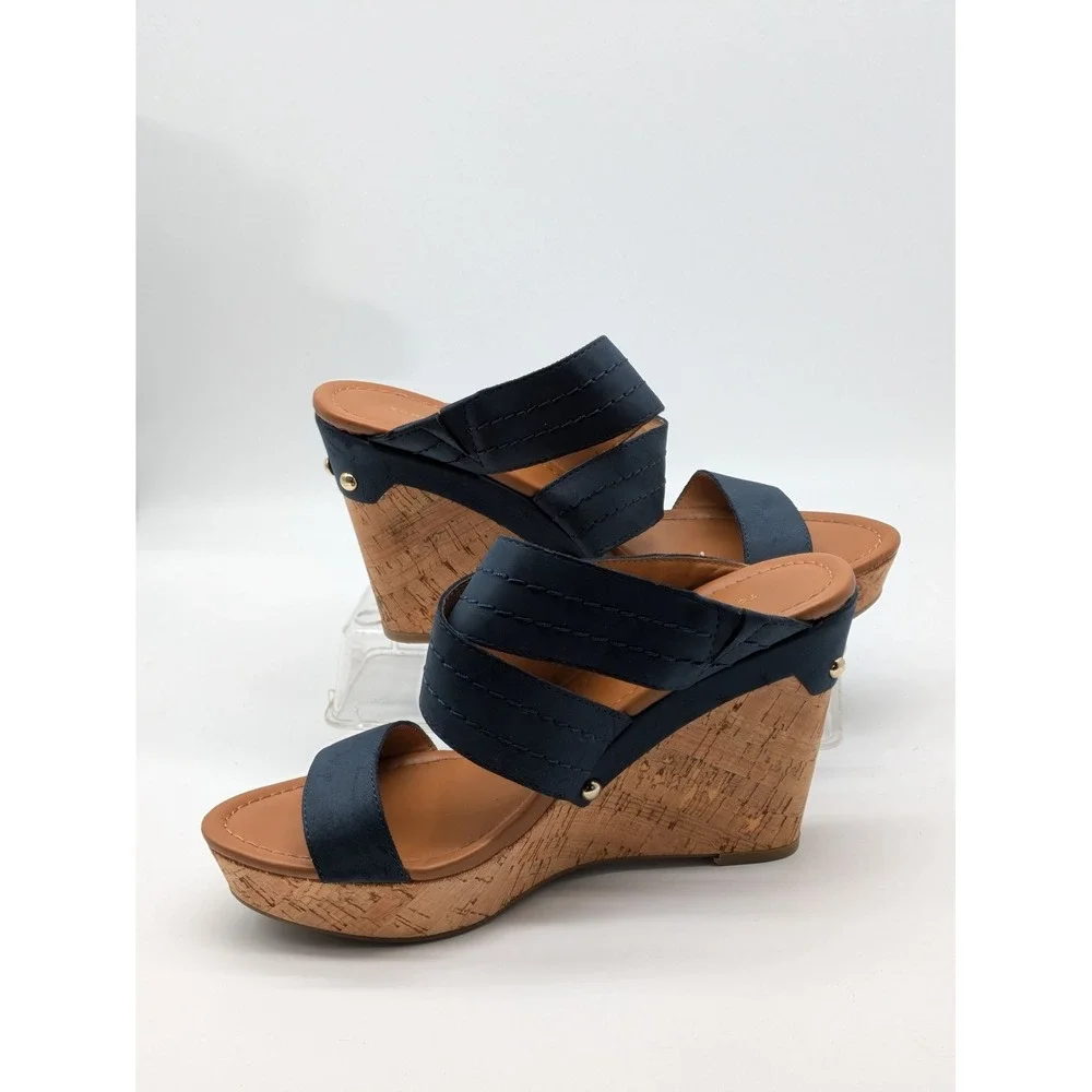 Tommy Hilfiger Womens 8.5M Navy Blue Cork Wedge Sandals Platform Gold Hardware